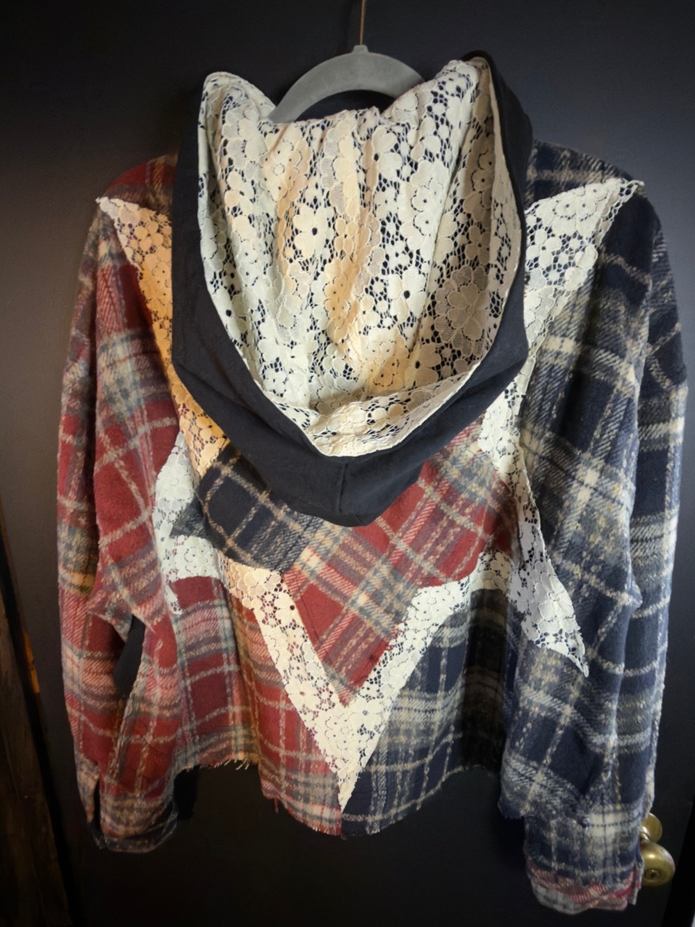 Oli & Hali Plaid Button-Front Shacket in Navy, Red & Cream Star Lace Detail - Picture 8 of 11